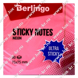 Самоклеящийся блок Berlingo "Ultra Sticky", 75*75мм, 80л, розовый неон