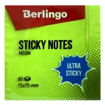 Самоклеящийся блок Berlingo "Ultra Sticky", 75*75мм, 80л, зеленый неон