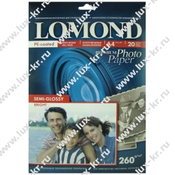 Бумага Lomond 260г/м, 1-сторонняя, полуглянцевая, ярко-белая (Semi Glossy Bright) микропористая, 20 листов, A4 (1103301)